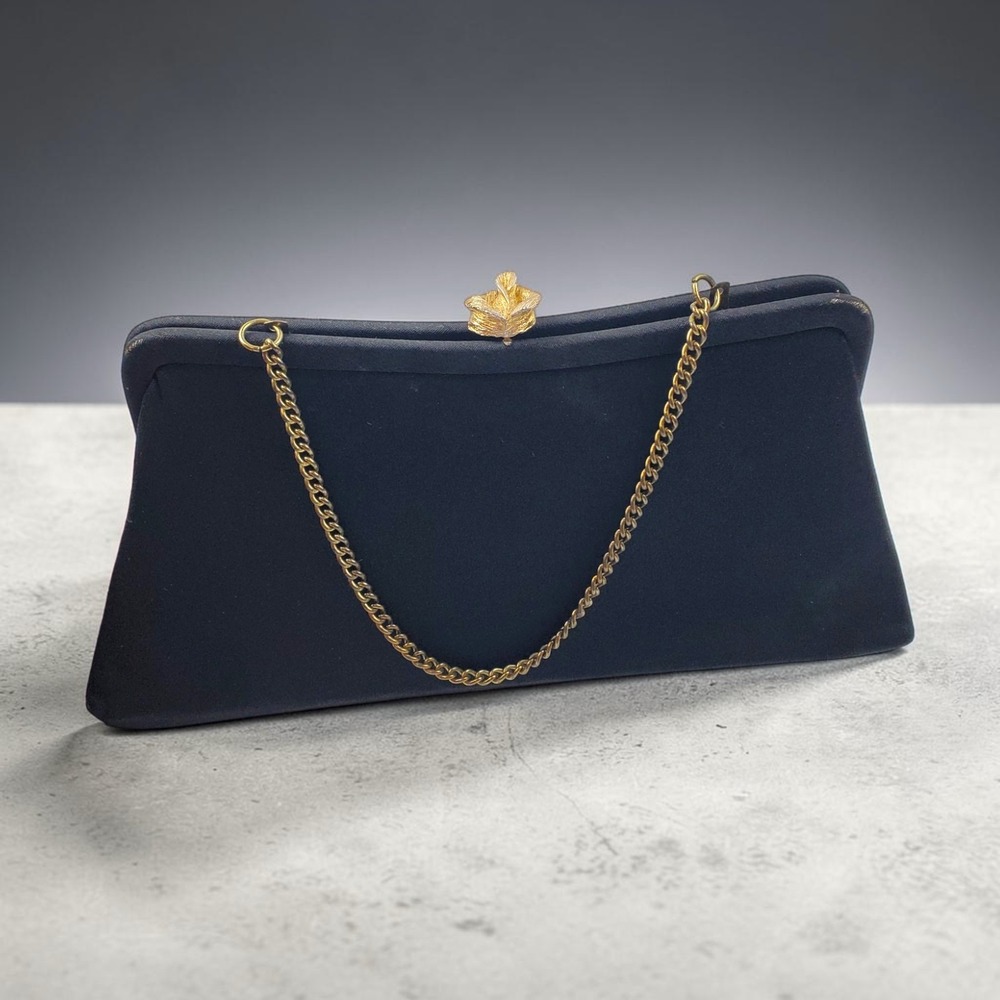Vintage Black Satin Evening Clutch Bag Gold Floral Clasp Chain Strap Mid Century
